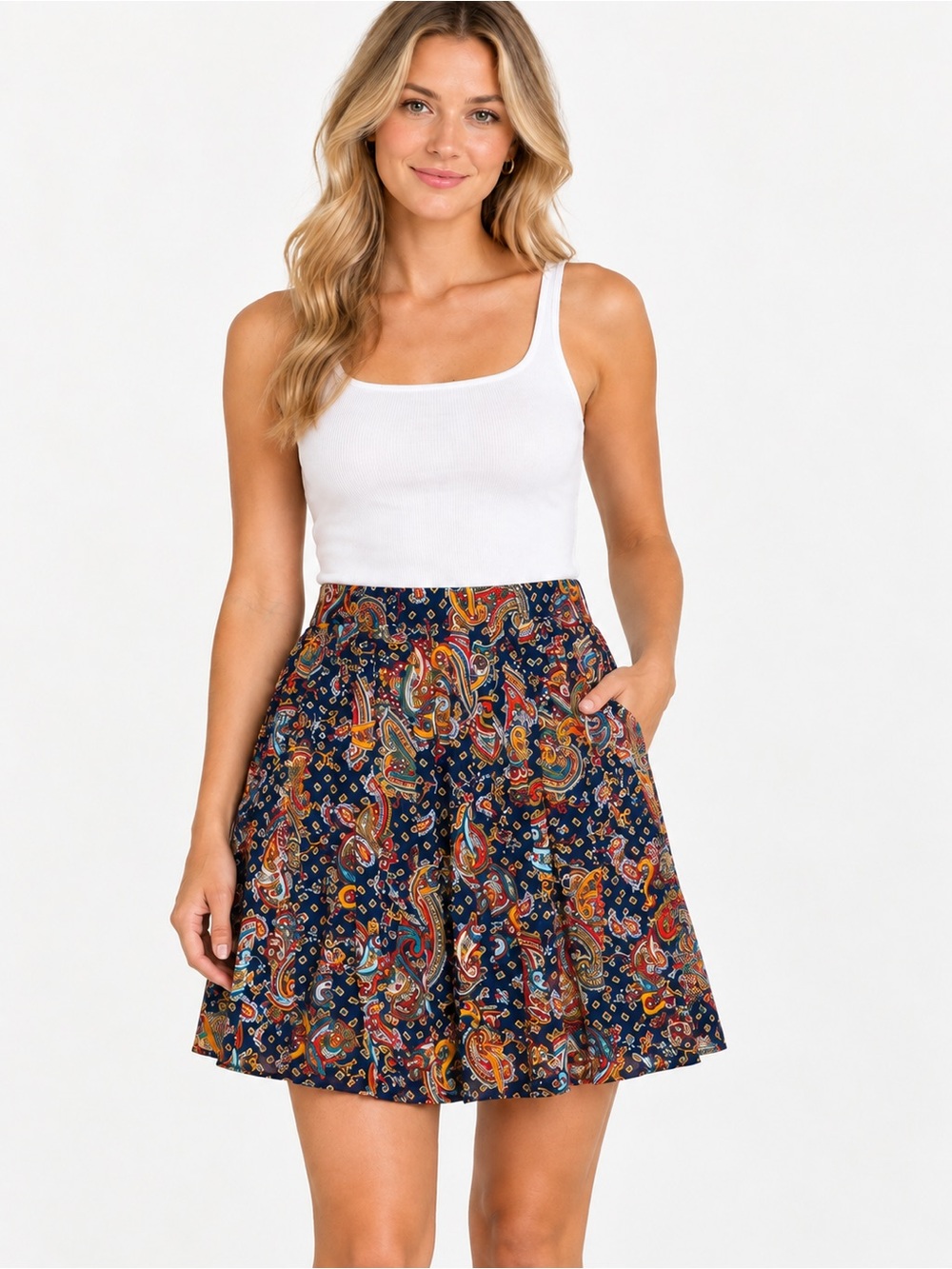 Tommy Hilfiger Pleated Paisley Print Skirt Navy Blue Women’s Size 14